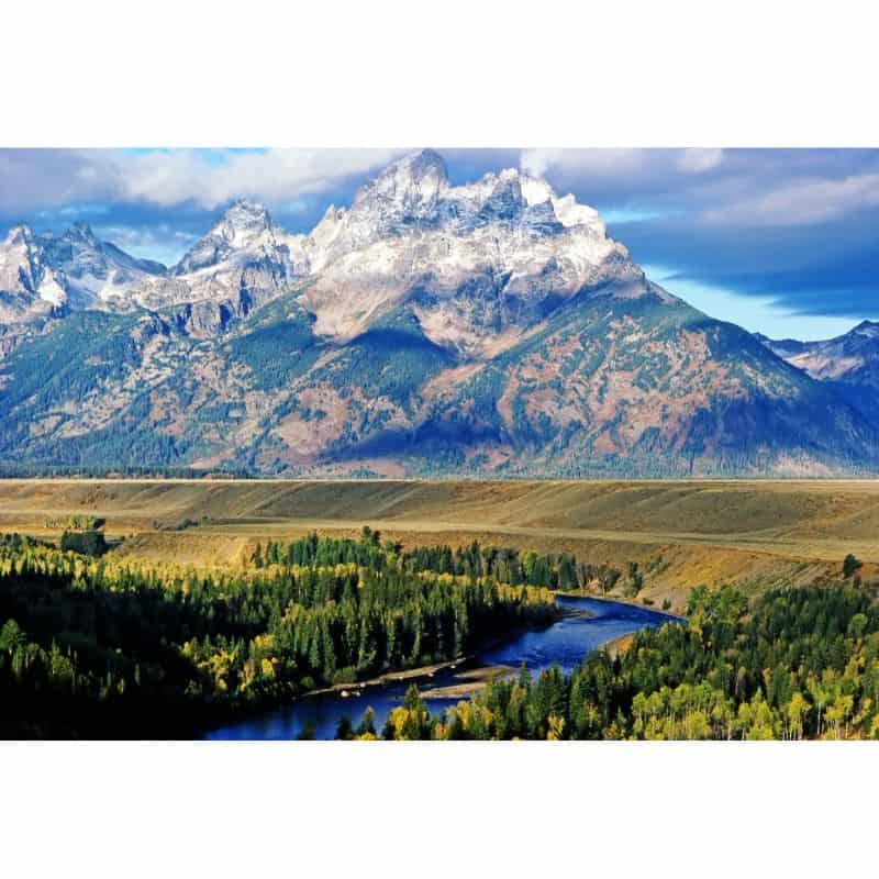 Grand Teton overlook with fields and river 