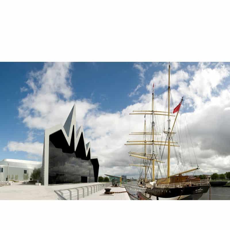 Glasgow Museum with a sailboat nearby