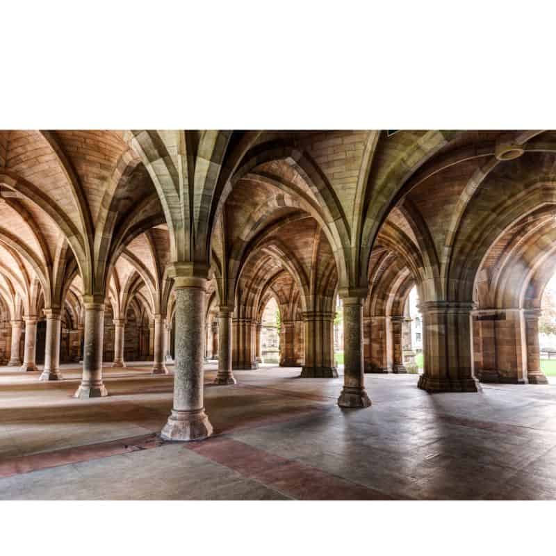 University of Glasgow brick and stone pillars with open gardens