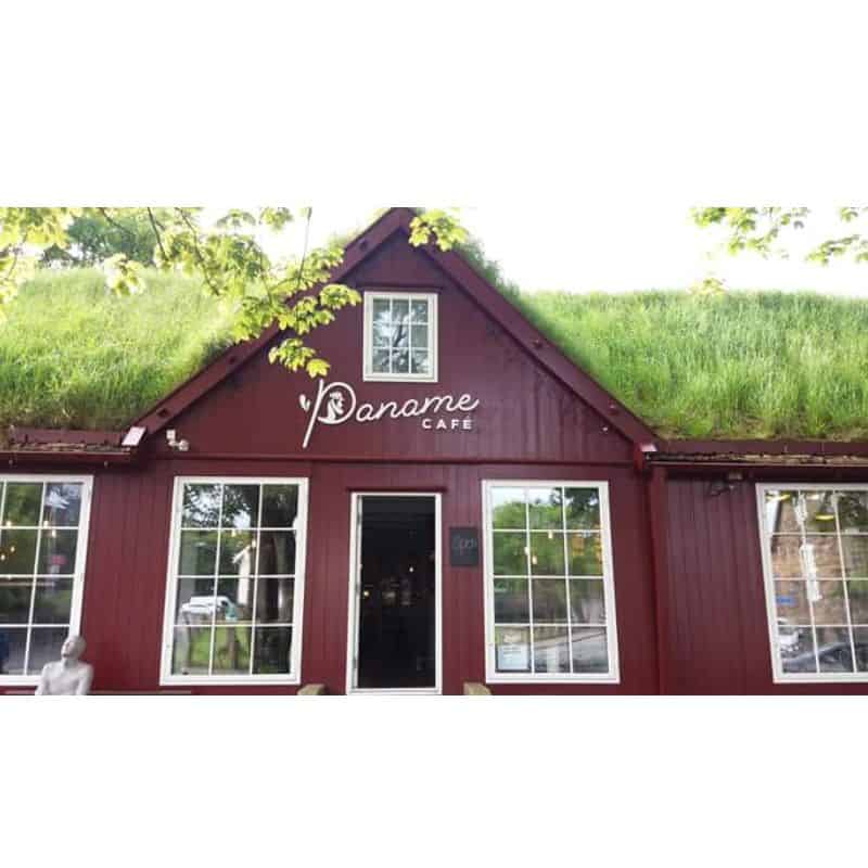 Maroon building with grass roof