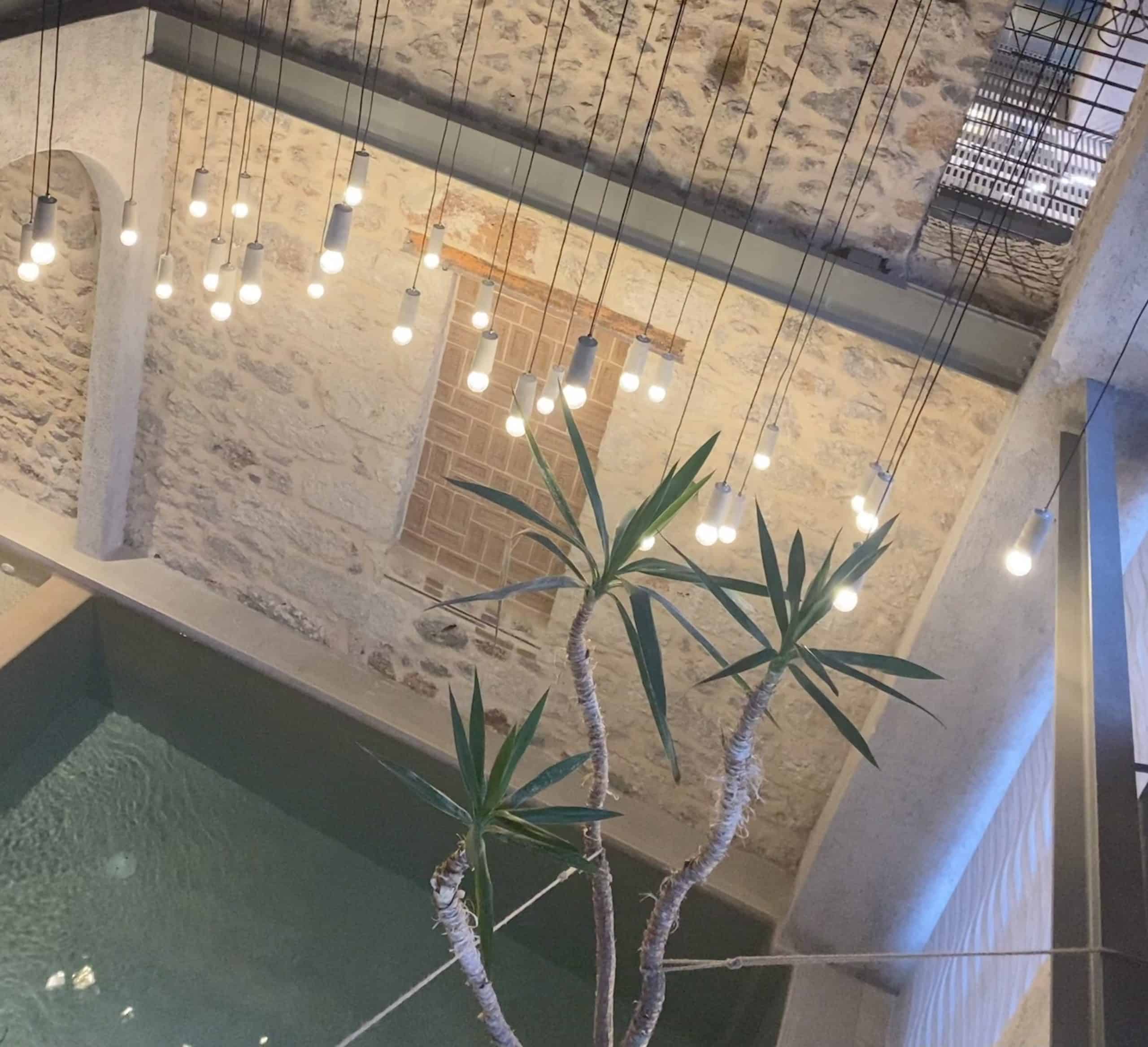Indoor pool with trees and lights hanging from ceiling 
