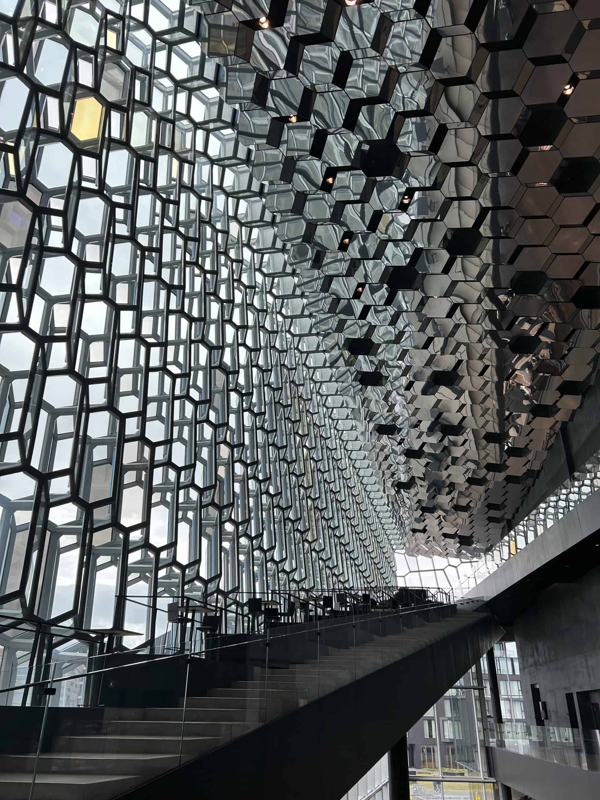 Interior of Harpa House, glass windows in different shapes. 