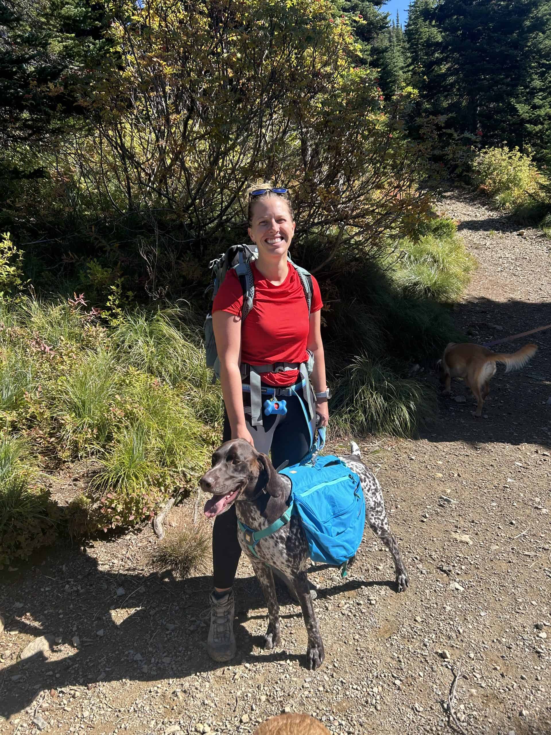 Shannon and Smitty mid-hike for Skiumah Lake trail in Montana.